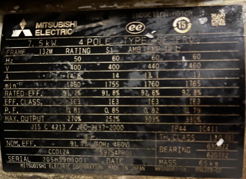 三菱三相异步电动机型号：SF-PRO-7.5KW-4P-40...